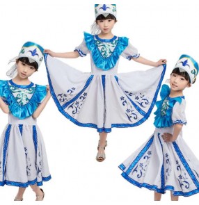 White and blue turquoise patchwork  embroidery pattern short sleeves girls kids children stage performance Russian folk dance dresses  